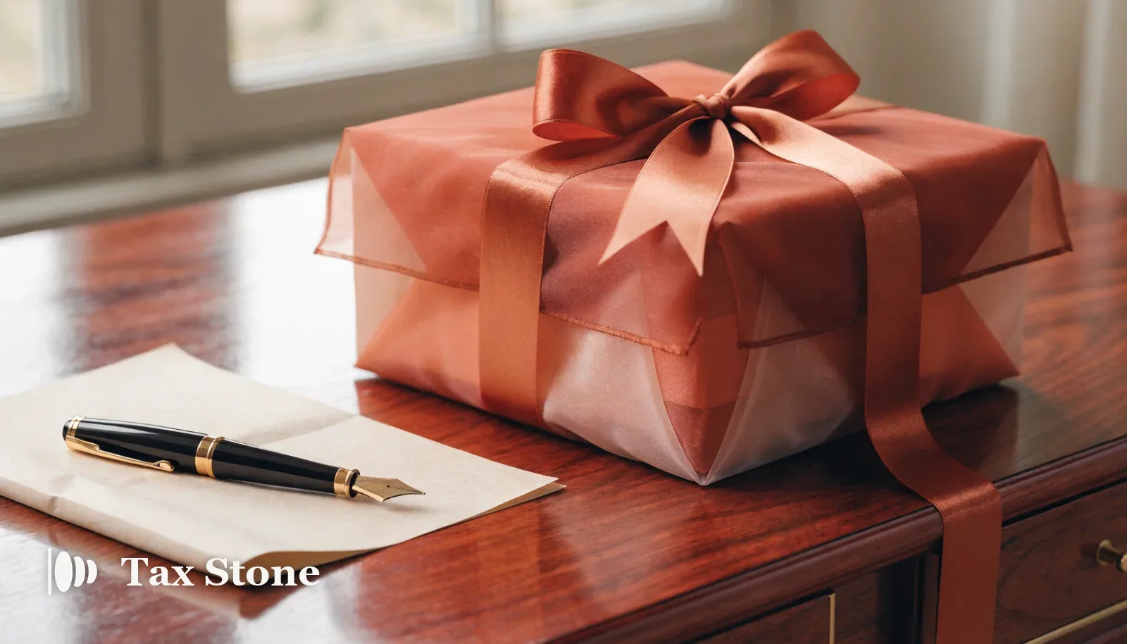 TaxStone hero image — an elegant wrapped gift box beside an official document on a walnut desk, illustrating Form 3520 foreign gift reporting.